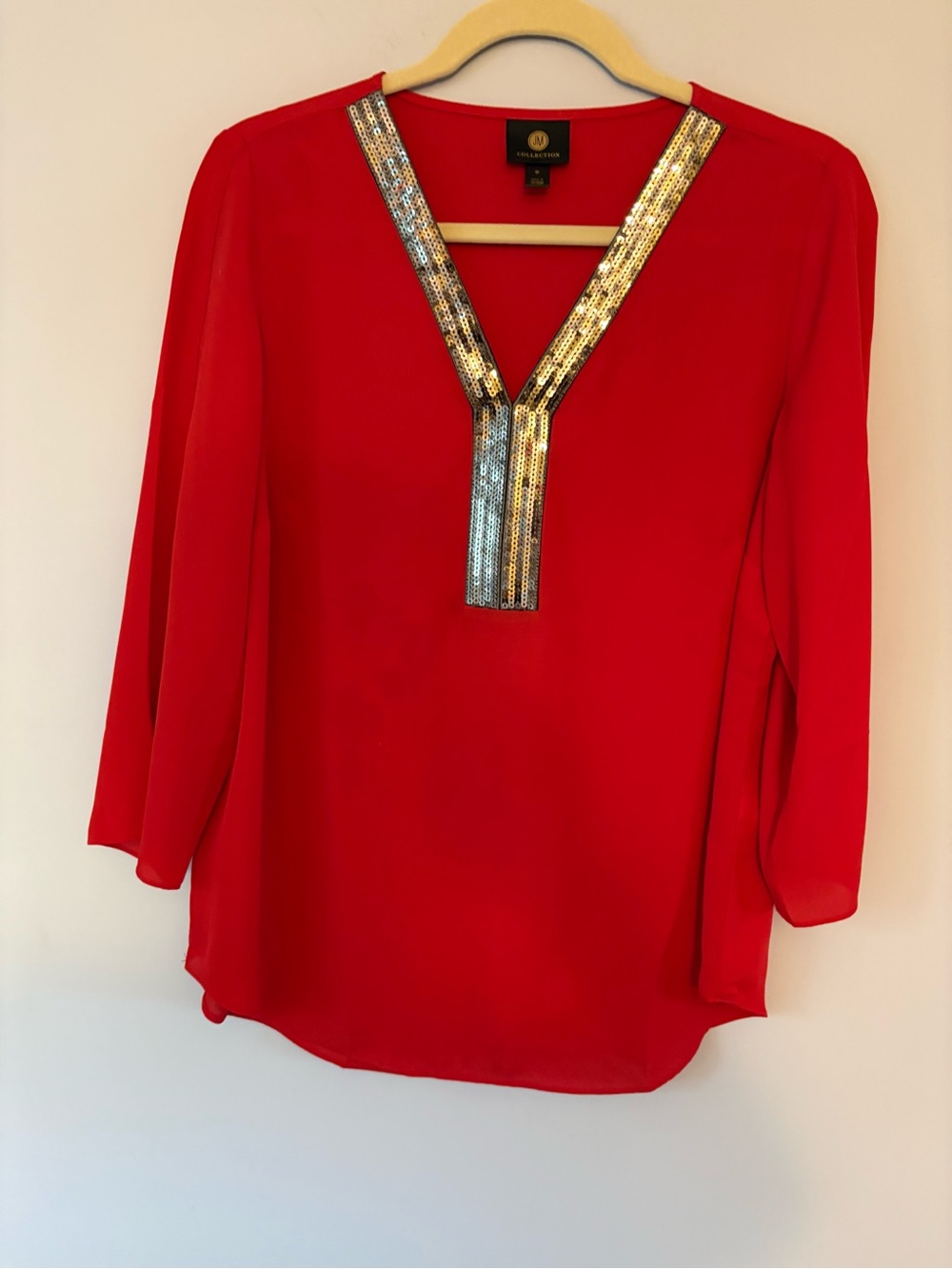 JM Collection Red V-Neck Sequin Trim Blouse